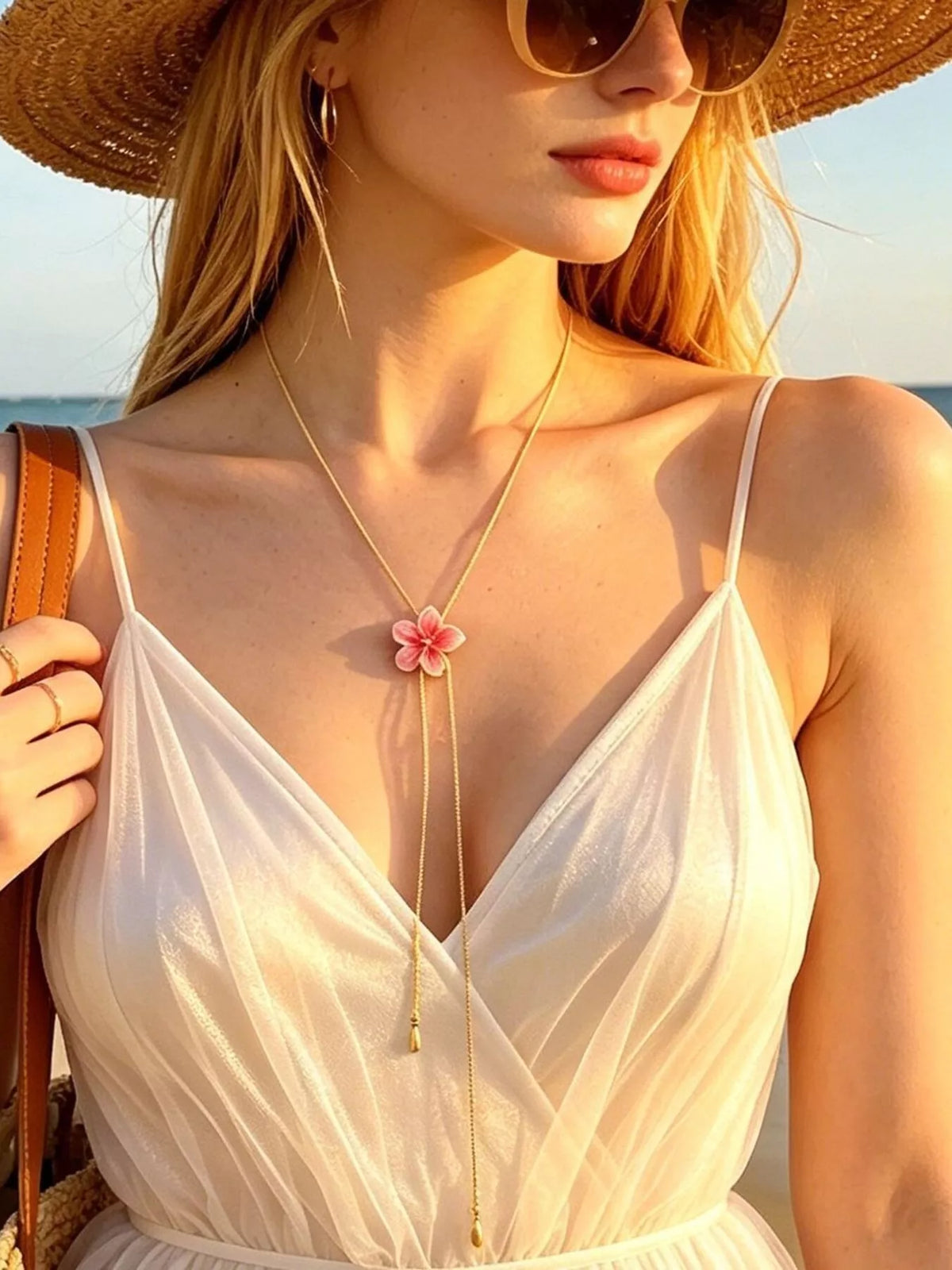 Pink floral Y-shaped necklace styled with a sunhat