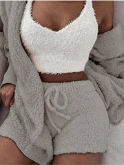 Light gray fuzzy lounge set with crop top, cardigan and shorts