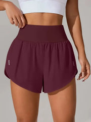 Burgundy running shorts with wide waistband, front view