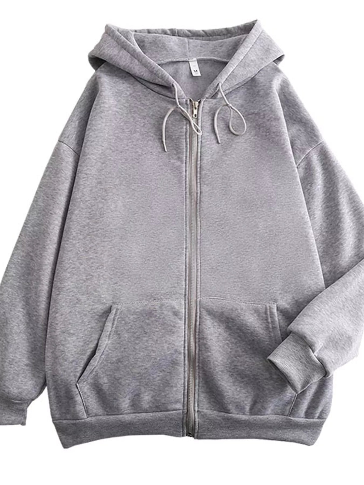 Front view of the gray hoodie with full-length zipper and split front pocket