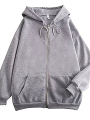 Front view of the gray hoodie with full-length zipper and split front pocket