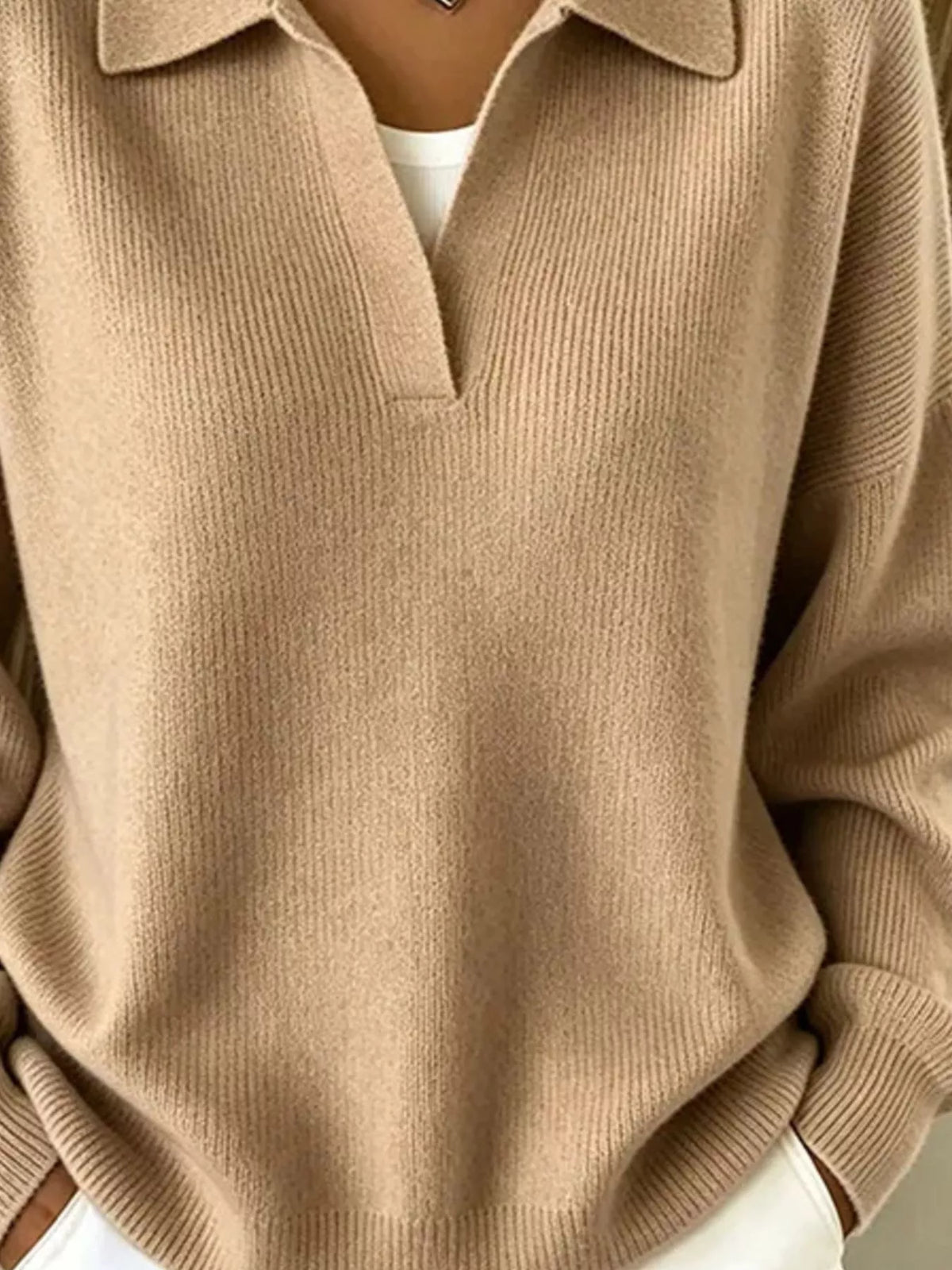 Camel ribbed polo sweater modeled, front view