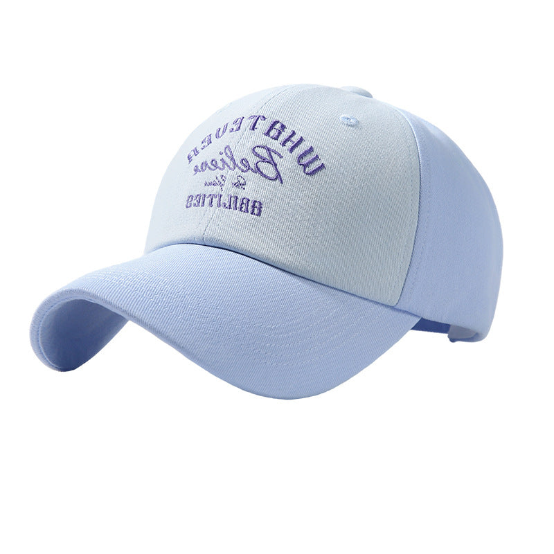 Blue and light blue two-tone baseball cap with embroidered front lettering