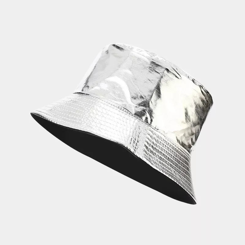 Reflective silver bucket hat with black underside, shown at an angle