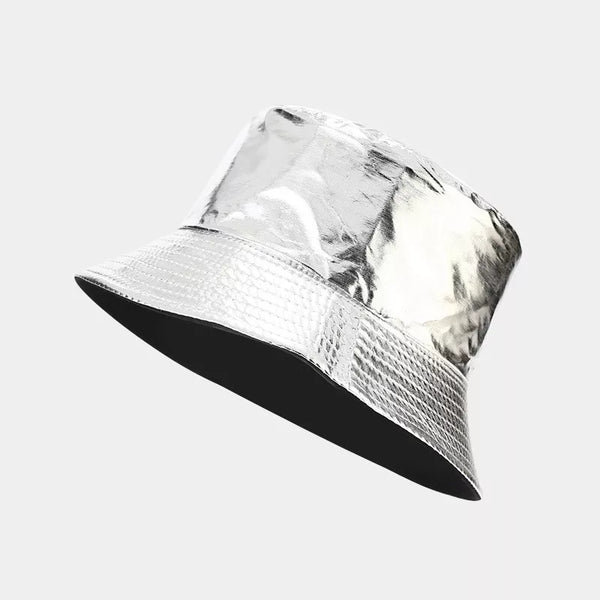 Reflective silver bucket hat with black underside, shown at an angle