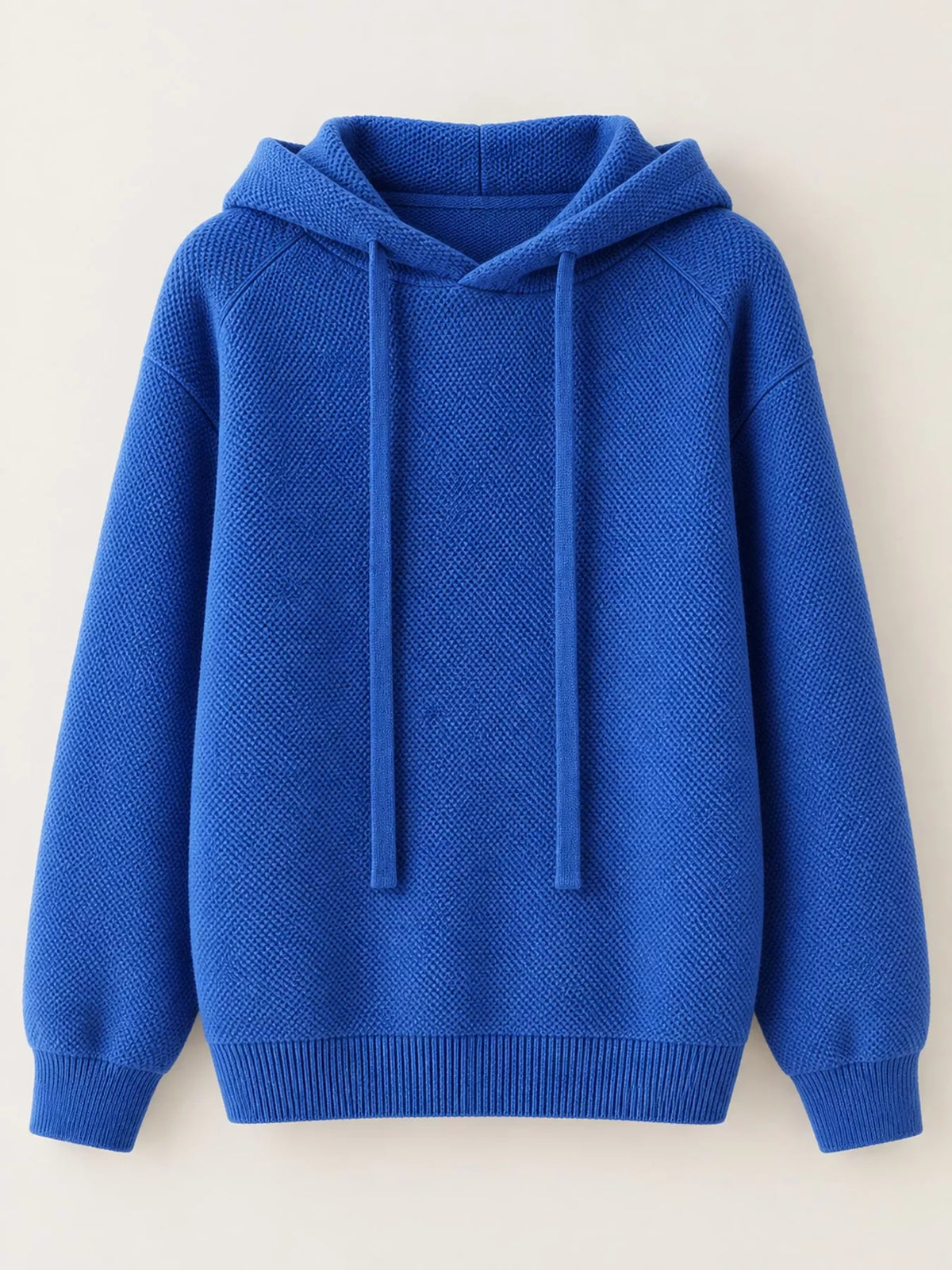 Royal blue drawstring hooded sweater displayed alone against a pale background.