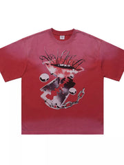 Red graphic short-sleeve T-shirt with illustrated mouth and chain design, front view
