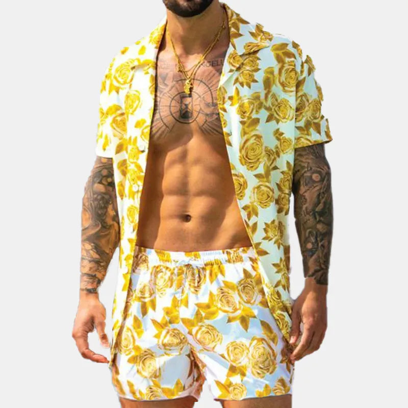 White shirt and shorts set with yellow floral print, modeled