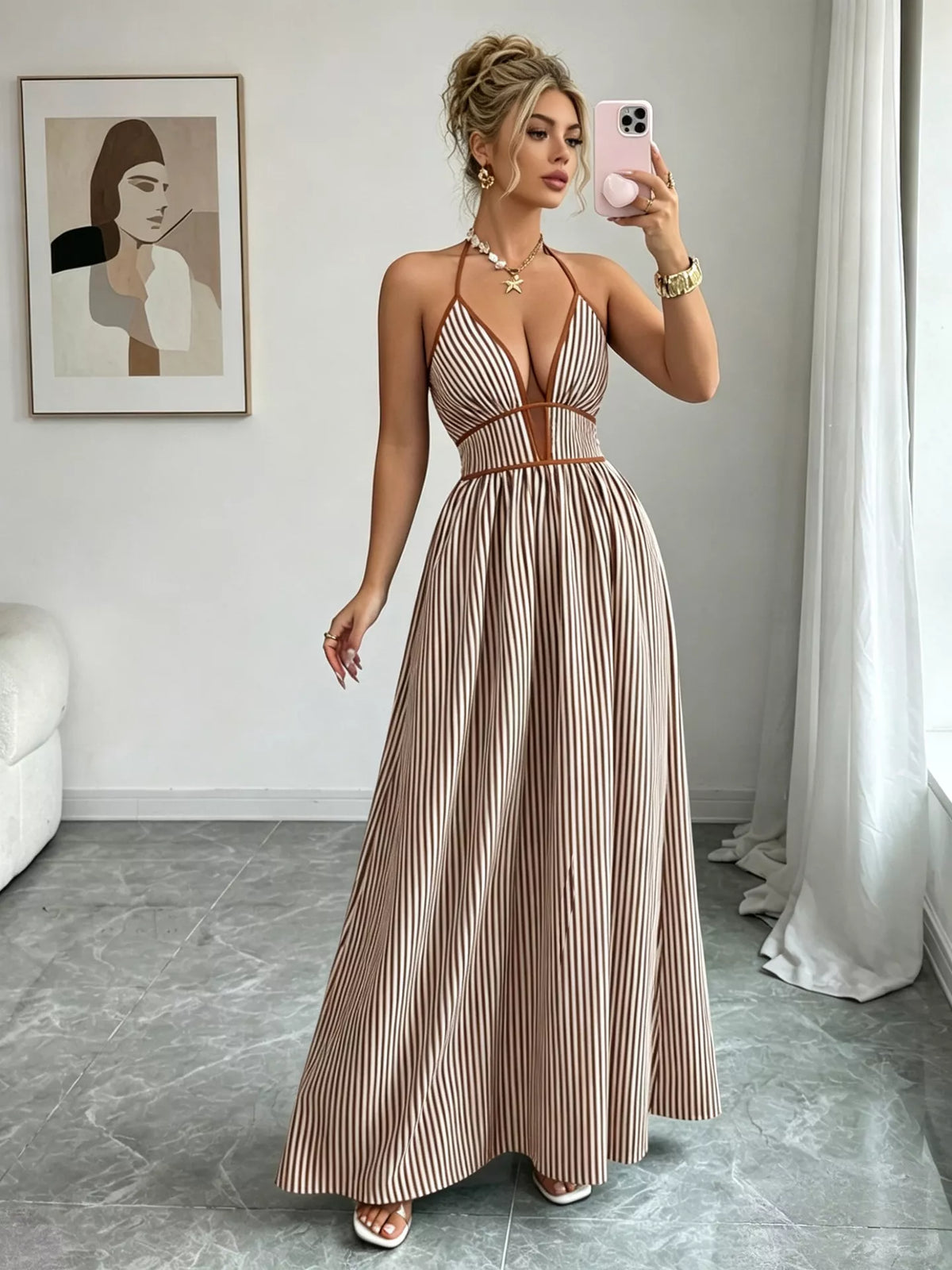 Khaki halter maxi dress with contrasting bodice trim, mirror view