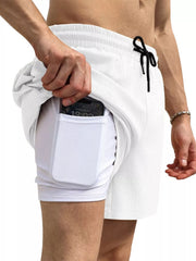 Model showing the inner liner pocket of white shorts