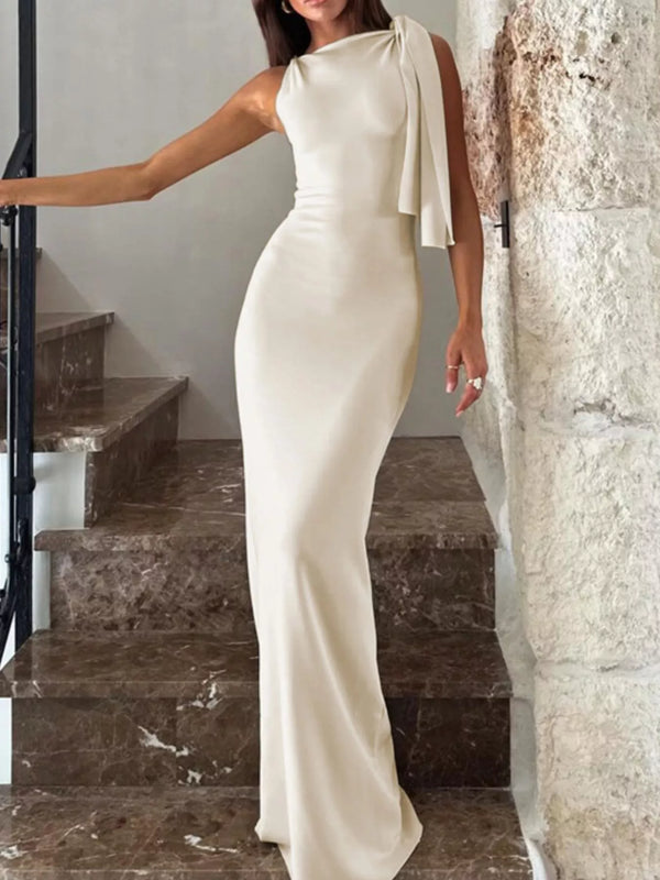 Ivory sleeveless draped maxi dress, front view