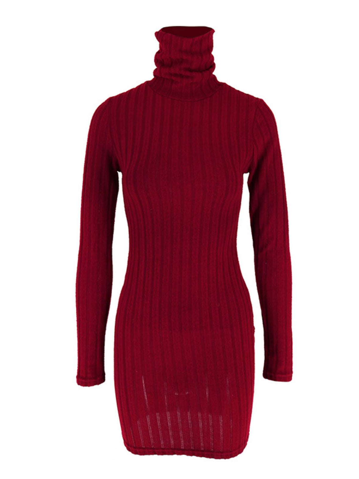 Front product view of burgundy ribbed turtleneck dress