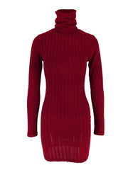 Front product view of burgundy ribbed turtleneck dress