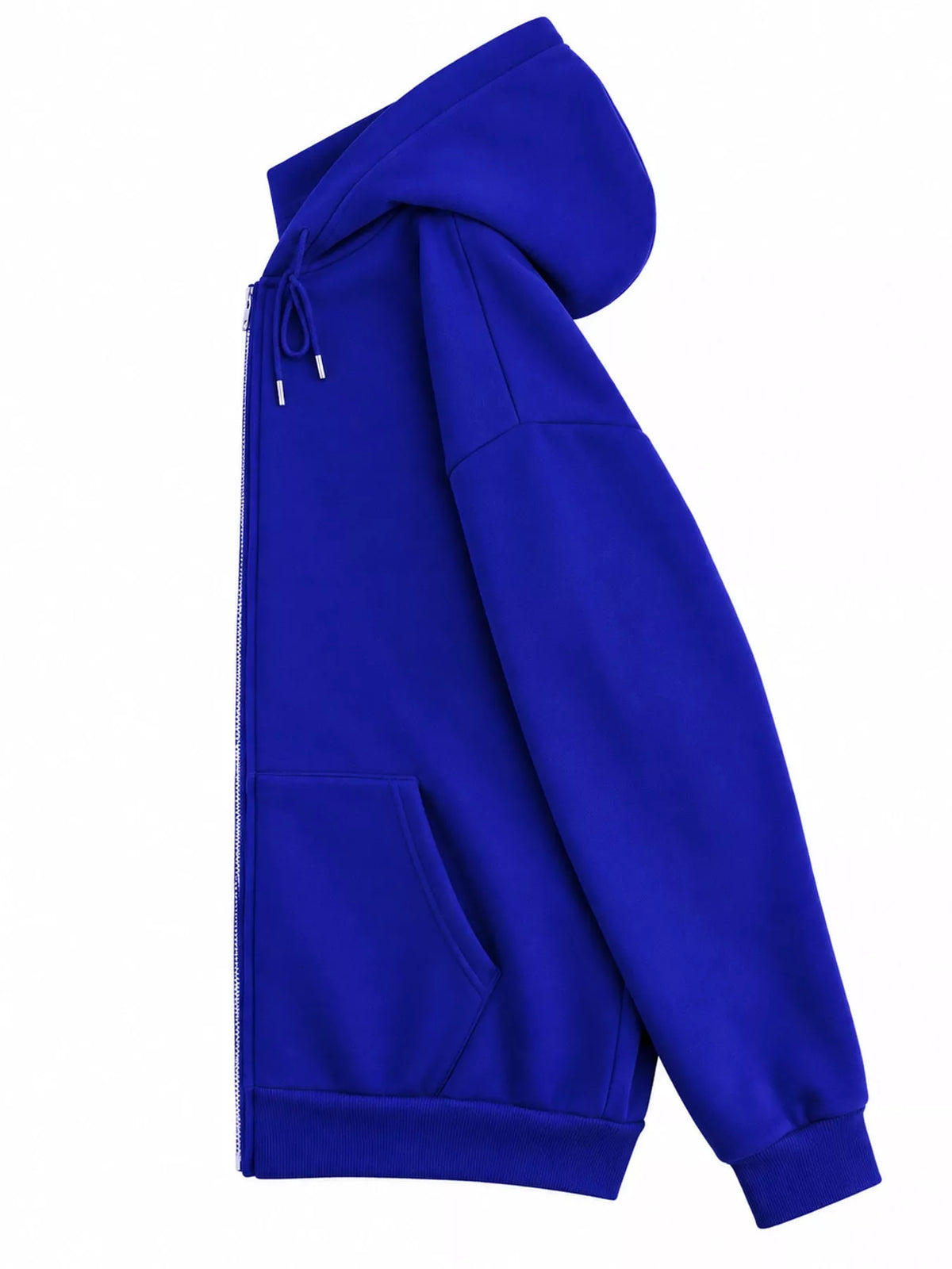 Side view of the royal blue hoodie showing the hood and relaxed sleeve