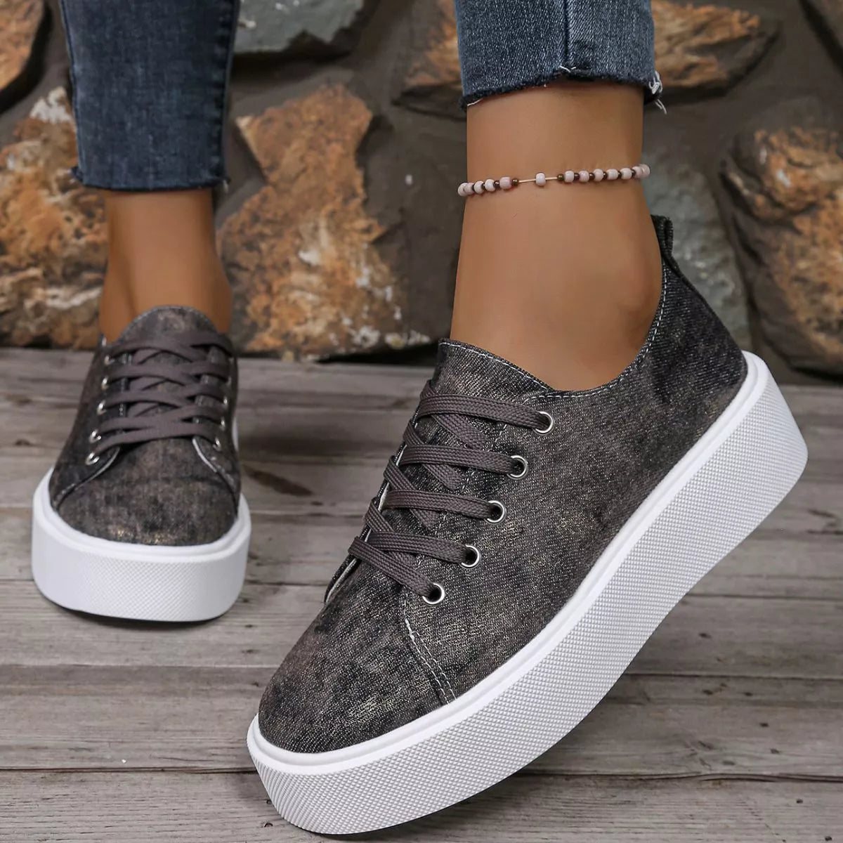 Charcoal patterned platform sneaker with white sole