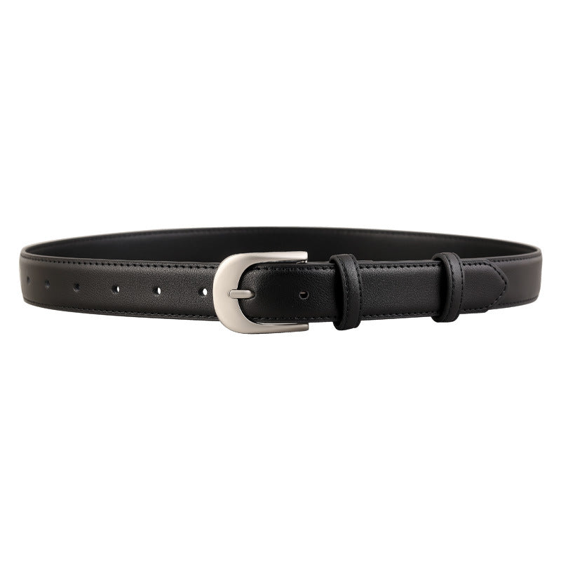 Black belt with silver-coloured buckle, stitched edges and two keepers displayed in an oval