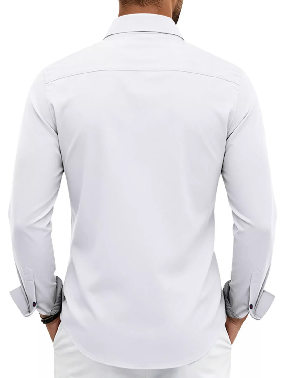 Back view of white shirt with long sleeves and button cuffs