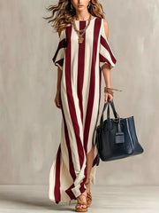 Burgundy and white striped maxi dress with loose cold-shoulder sleeves