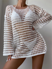 White crochet cover-up dress with flared sleeves