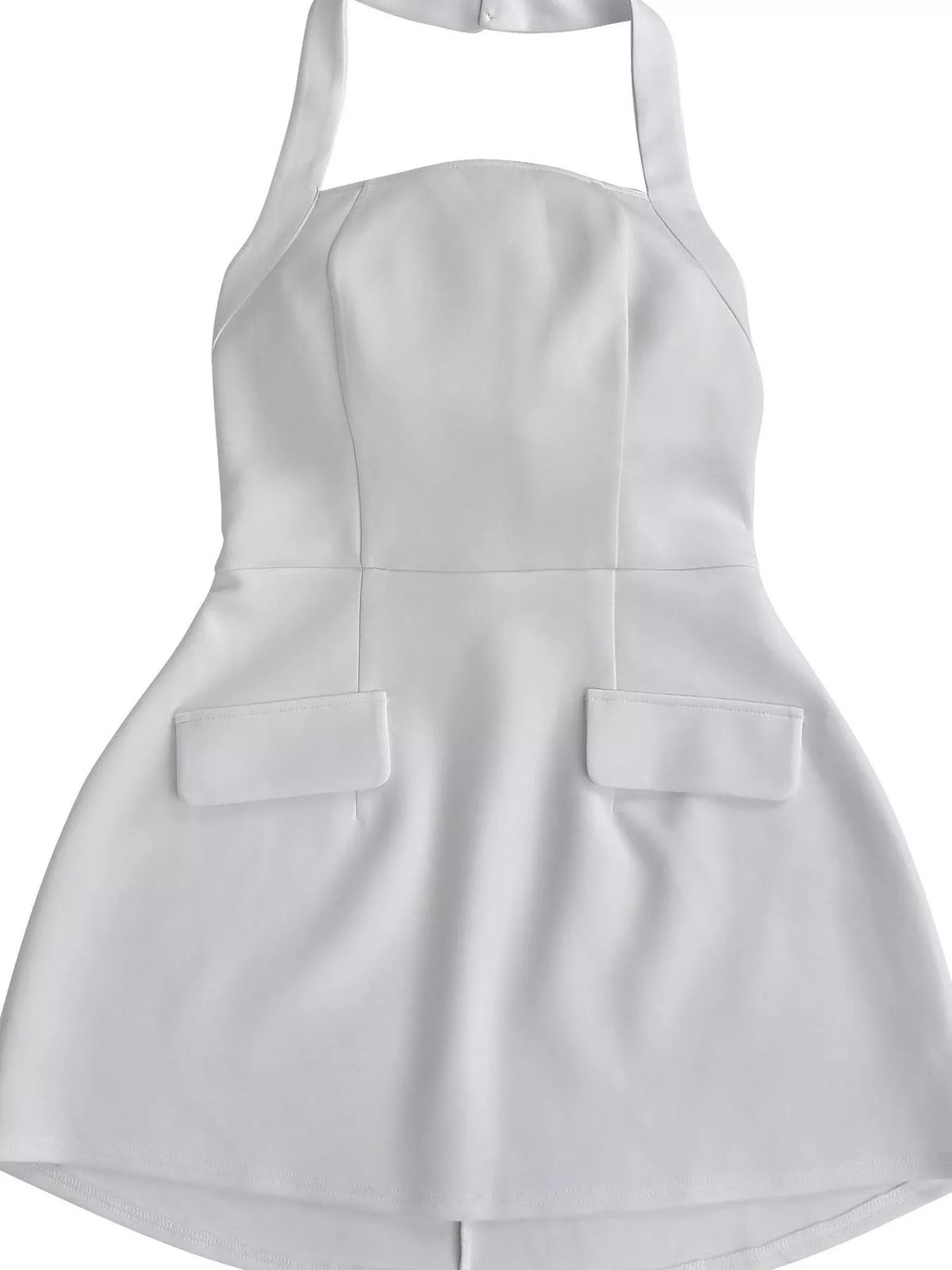 White halter mini dress laid flat, showing its square neckline, fitted waist and two pocket flaps.