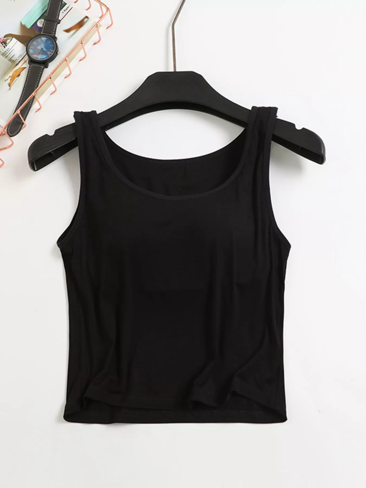 Black seamless padded tank on hanger, front view