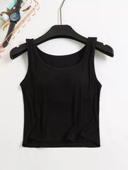 Black seamless padded tank on hanger, front view