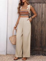 Apricot tie-shoulder jumpsuit with patterned bodice, front view