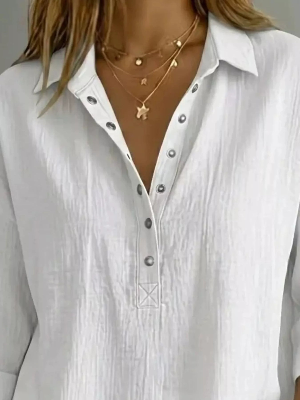 Women's plus-size snap-down 3/4-sleeve blouse, side view