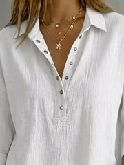 Women's plus-size snap-down 3/4-sleeve blouse, side view
