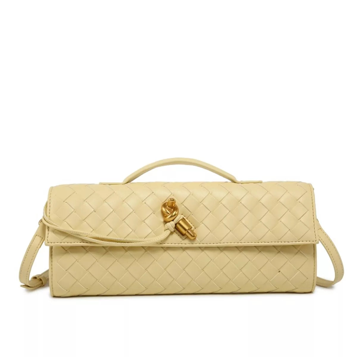 Front view of a cream woven wristlet bag with gold-tone clasp