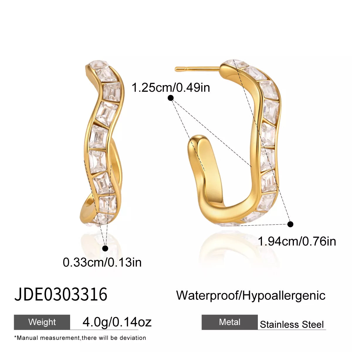 Gold-tone zircon hoop earrings with measurement and product detail graphic