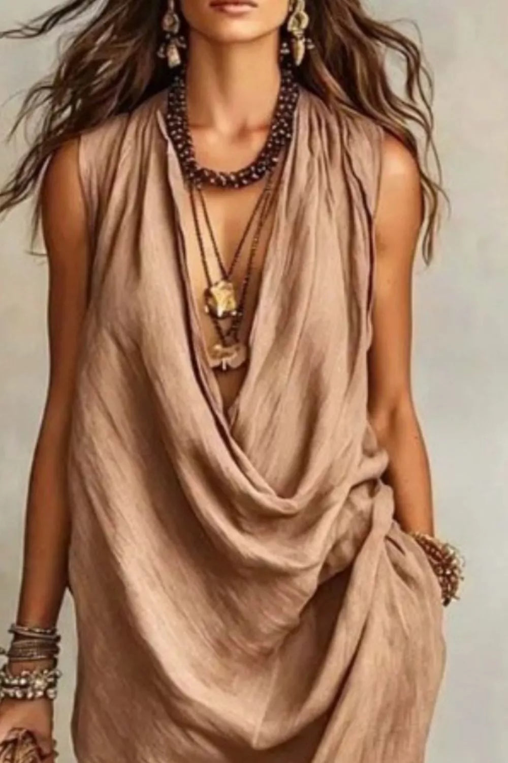 Close front view of tan sleeveless midi dress showing draped neckline