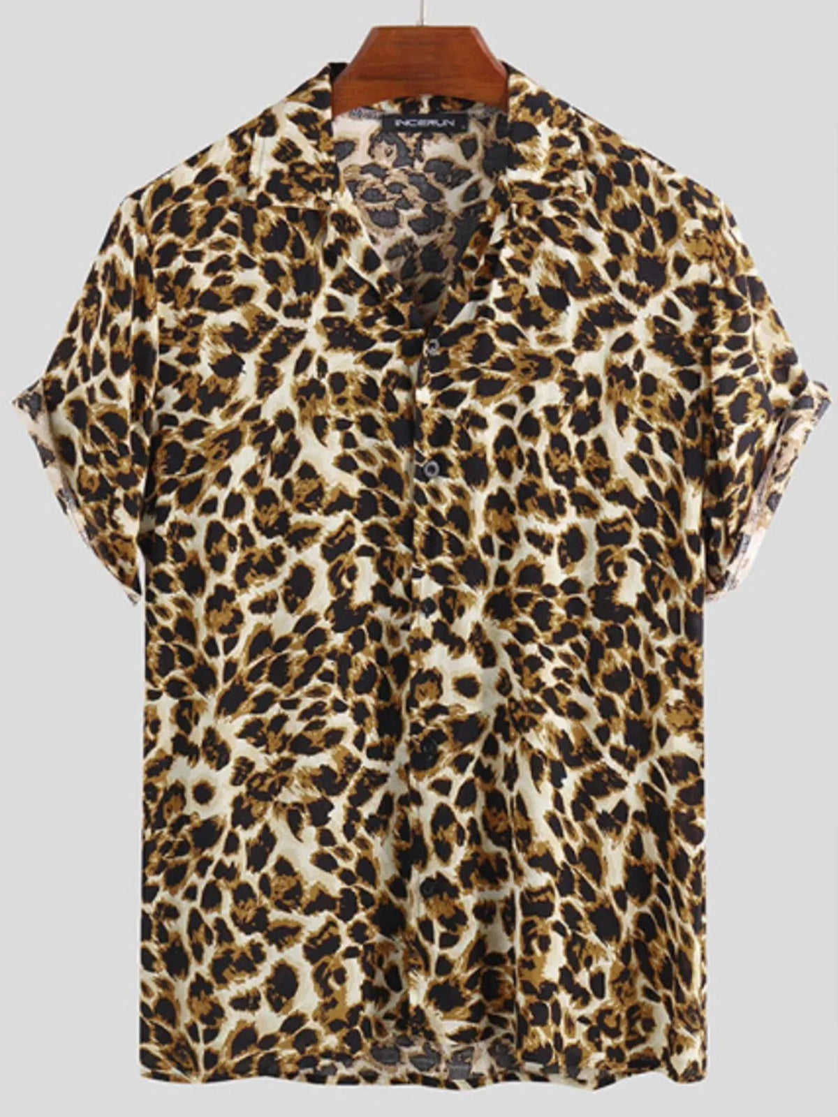 Leopard-print short-sleeve button-up shirt, front view