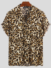 Leopard-print short-sleeve button-up shirt, front view
