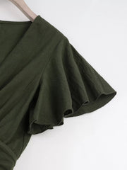 Close-up of olive flutter sleeve