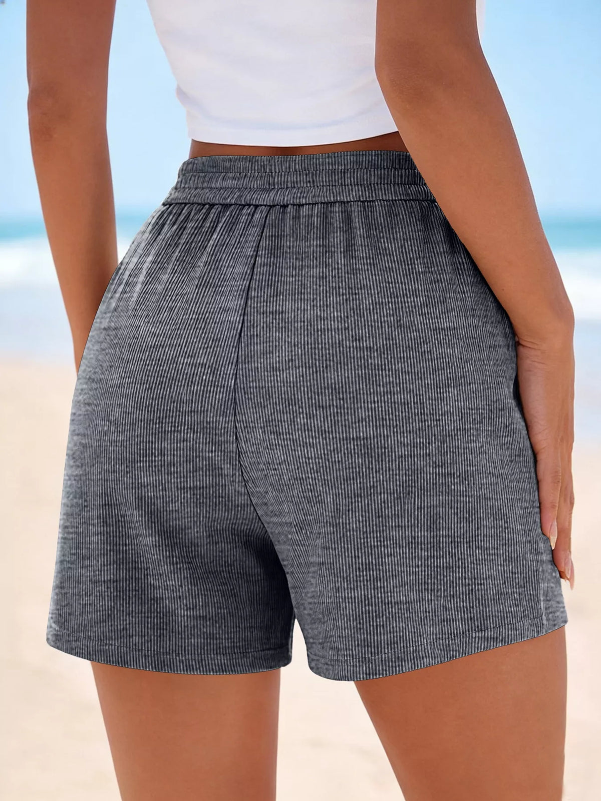 Back view of gray high-waisted shorts