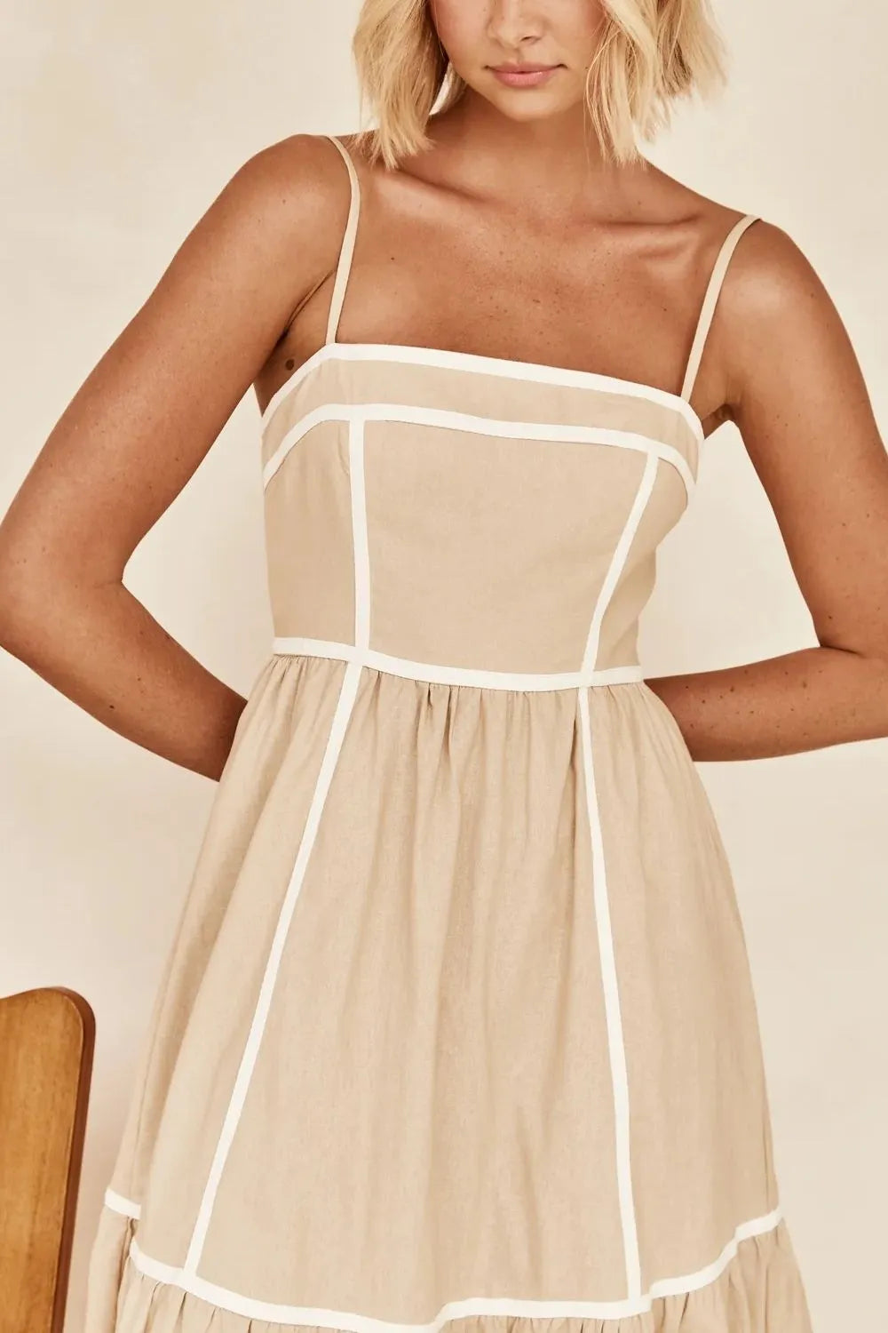 contrast trim square neck midi cami dress in tan, close-up view