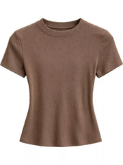 Brown crew neck T-shirt shown from the back.