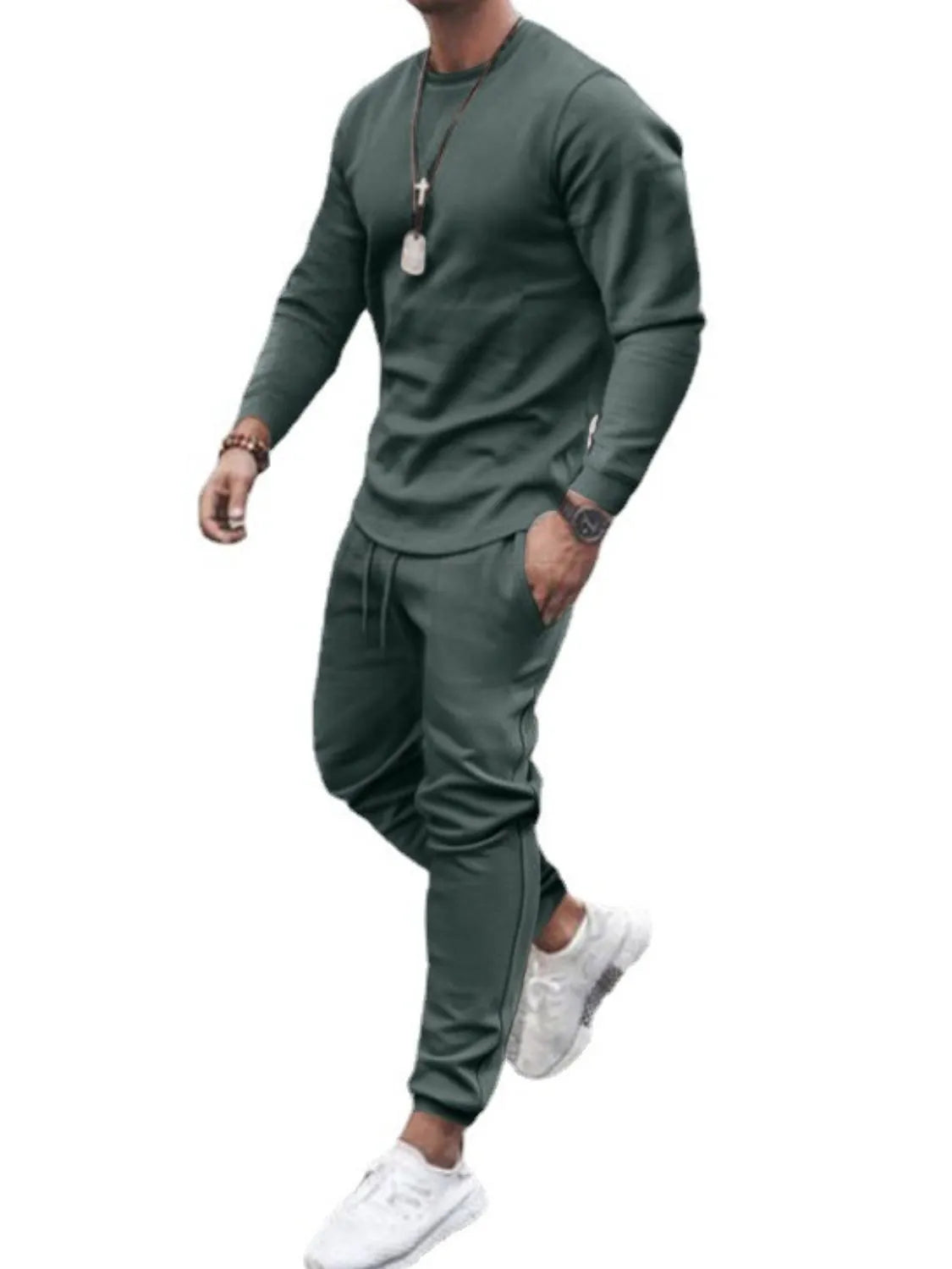 Dark green long-sleeve top and jogger pants, cutout view