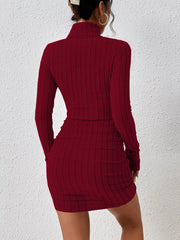 Back view of the burgundy ribbed bodycon mini dress and long sleeves.
