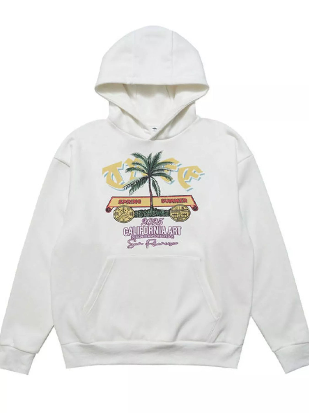 White pullover hoodie with colorful palm tree graphic and kangaroo pocket