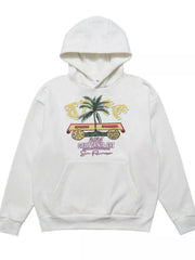 White pullover hoodie with colorful palm tree graphic and kangaroo pocket