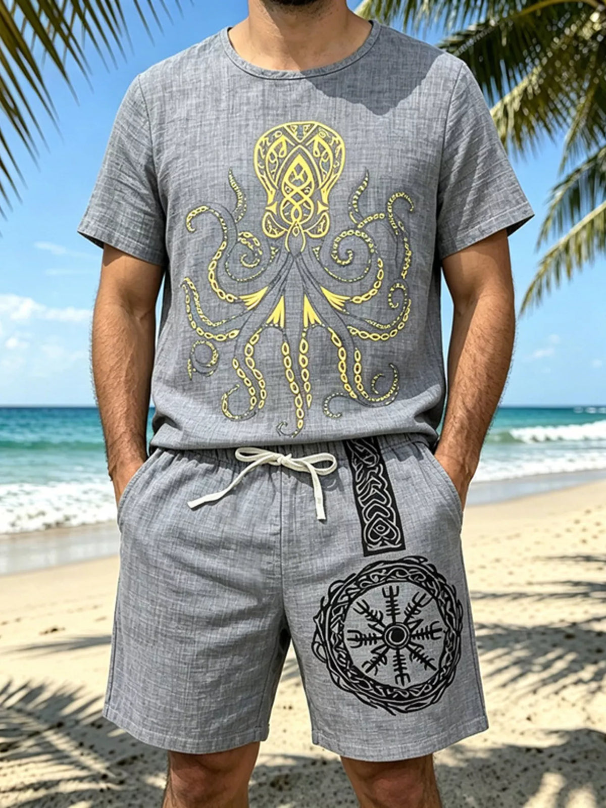 Gray tee and shorts set with a large octopus graphic and circular emblem on the shorts.