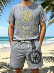 Gray tee and shorts set with a large octopus graphic and circular emblem on the shorts.