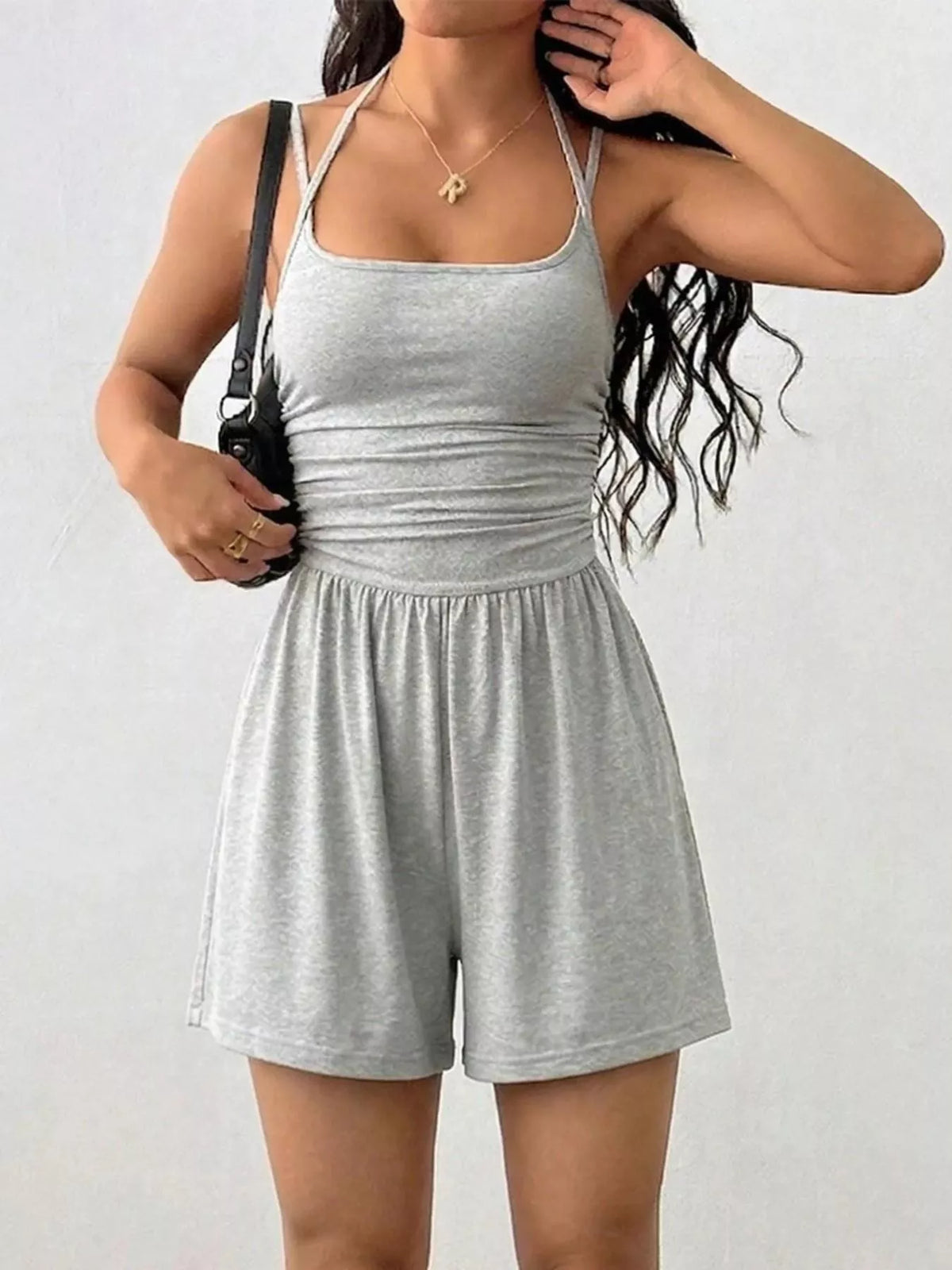 Women's ruched spaghetti-strap romper, light gray side view