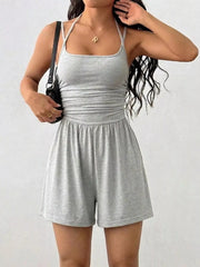 Women's ruched spaghetti-strap romper, light gray side view