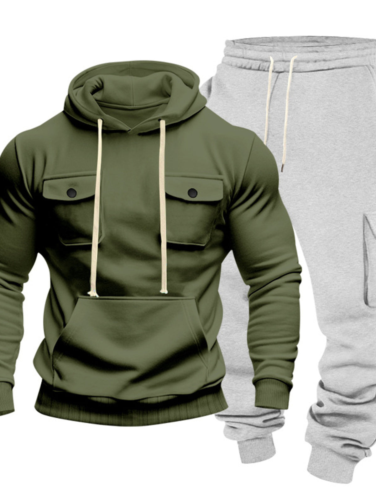 Olive hoodie and grey cargo sweatpants displayed together from the front on a white background
