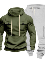 Olive hoodie and grey cargo sweatpants displayed together from the front on a white background
