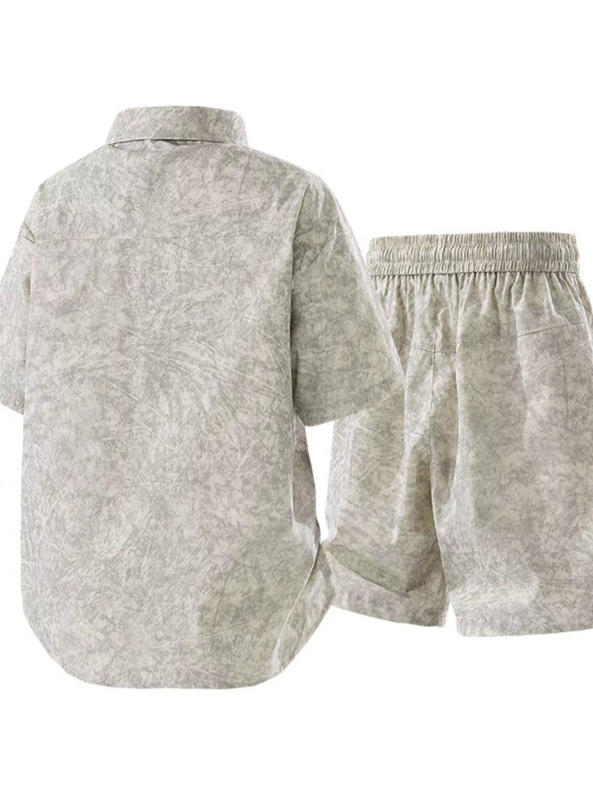 Back view of light neutral printed shirt and matching shorts