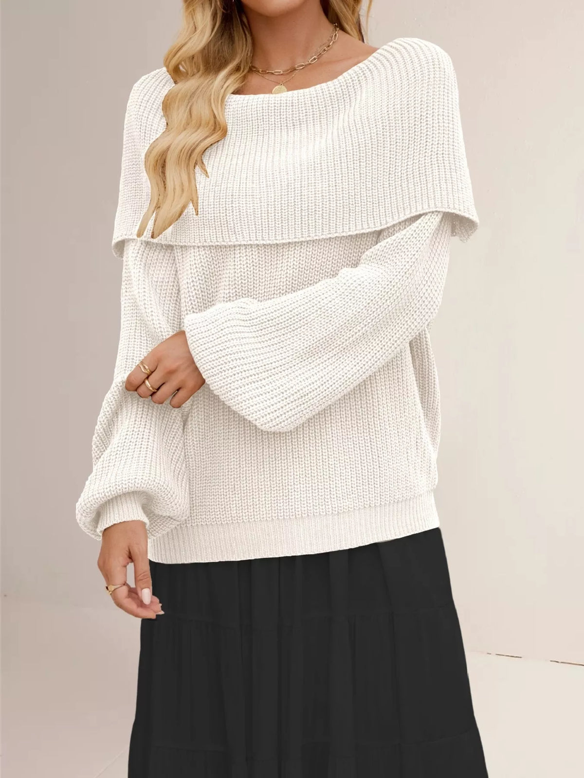 White off-shoulder sweater shown with wide folded neckline